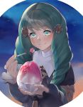  1girl blush bow fire_emblem fire_emblem:_three_houses flayn_(fire_emblem) food green_eyes green_hair hair_ornament hairclip highres ice_cream long_hair panda_inu sky solo upper_body 