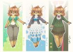  abstract_background ahoge anthro barefoot bottomwear brown_eyes brown_fur cervid clothed clothing dress female fur hair hooves jacket japanese_text kemono mammal midriff multicolored_fur multiple_outfits open_jacket pants red_hair shirt skirt smile solo text topwear translation_request two_tone_fur utsuki_maito white_fur wide_hips 