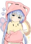  1girl animal_ears animal_hood azur_lane baozi bird blue_eyes blue_hair cat_hood chick closed_mouth commentary_request fake_animal_ears food highres hood hoodie hug long_hair long_sleeves looking_at_viewer paw_background sky_(freedom) solo upper_body v vincennes_(azur_lane) vincennes_(sweet_dream)_(azur_lane) white_background 