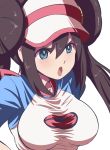  1girl back_bow bangs blue_eyes blush bow breasts brown_hair collarbone commentary_request double_bun fujitaka_nasu hair_between_eyes hair_tie highres large_breasts long_hair mei_(pokemon) open_mouth pink_bow pink_headwear poke_ball_symbol poke_ball_theme pokemon pokemon_(game) pokemon_bw2 pokemon_masters raglan_sleeves shiny shiny_hair shirt sidelocks simple_background solo textless tied_hair twintails upper_body visor_cap white_background white_shirt 