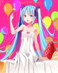  1girl 2019 absurdres balloon bare_arms bare_shoulders blue_eyes blue_hair character_name collarbone commentary_request dress food food_on_face fork fruit hair_ornament hatsune_miku highres holding holding_fork long_hair looking_at_viewer makadamixa open_mouth pink_ribbon pleated_dress purple_background ribbon sidelocks sitting sleeveless sleeveless_dress solo strawberry twintails upper_teeth very_long_hair vocaloid white_dress 