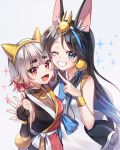  2girls :d animal_ear_fluff animal_ears bangs bare_shoulders black_choker black_gloves black_hair black_kimono blue_eyes blue_ribbon breasts choker chyoling cleavage commentary copyright_request eyebrows_visible_through_hair fake_animal_ears fang fingerless_gloves fingernails fox_ears gloves gradient_hair grey_background grin hair_ribbon hand_on_another&#039;s_shoulder hand_up headpiece highres japanese_clothes kimono long_hair looking_at_viewer medium_breasts multicolored_hair multiple_girls one_eye_closed open_mouth parted_bangs pointy_ears red_eyes red_hair red_kimono ribbon see-through silver_hair simple_background sleeveless sleeveless_kimono smile sparkle thick_eyebrows very_long_hair virtual_youtuber white_kimono 