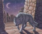  2009 ambiguous_gender black_nose bluye_eyes canid canine canis detailed_background feral katie_hofgard mammal moon night outside sky solo star starry_sky traditional_media_(artwork) wolf 