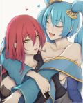  2girls aqua_hair bare_shoulders blue_hair breasts cleavage closed_eyes green_eyes highres katarina_du_couteau large_breasts league_of_legends liya_nikorov long_hair multiple_girls open_mouth red_hair scar scar_across_eye sona_buvelle twintails very_long_hair 