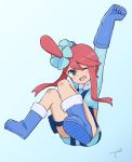  1girl ;d arms_up bangs blue_background blue_eyes blue_flower blue_footwear blue_gloves blue_shirt blue_shorts blush boots breasts brown_hair collared_shirt commentary_request crop_top elbow_gloves eyebrows_visible_through_hair flower full_body fuuro_(pokemon) gloves hair_between_eyes hair_flower hair_ornament highres knee_boots knees_together_feet_apart kujou_karasuma long_hair long_sleeves one_eye_closed open_mouth pokemon pokemon_(game) pokemon_bw shirt shoe_soles short_shorts shorts sidelocks signature simple_background small_breasts smile solo 