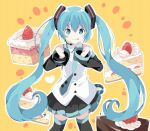  1girl :p bangs bare_shoulders black_legwear black_skirt black_sleeves blue_eyes blue_hair blush cake clenched_hands closed_mouth collared_shirt commentary_request detached_sleeves eyebrows_visible_through_hair food green_neckwear hair_between_eyes hair_ornament hands_up hatsune_miku headset highres long_hair long_sleeves necktie orange_background outline pleated_skirt shirt skirt sleeveless sleeveless_shirt sleeves_past_wrists slice_of_cake smile solo tantan_men_(dragon) thighhighs tie_clip tongue tongue_out twintails very_long_hair vocaloid white_outline white_shirt 