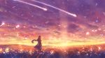  1girl bangs capelet cloud cloudy_sky dress dusk field floating_hair grass light_particles long_hair looking_at_viewer nature original outdoors sakimori_(hououbds) scenery shooting_star sky solo standing sunset traditional_dress wind 