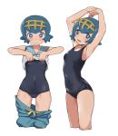  armpits arms_up blue_eyes blue_hair blush covered_navel hairband highres lifted_by_self looking_at_viewer niizuka_(c-drop) one-piece_swimsuit open_mouth pokemon pokemon_(game) pokemon_sm shirt_lift short_hair shorts shorts_pull suiren_(pokemon) swimsuit trial_captain wavy_mouth 