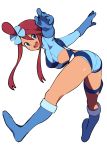 1girl absurdres ass bangs bent_over blue_eyes blue_footwear blue_gloves boots breasts fuuro_(pokemon) gloves gym_leader hair_between_eyes hair_ornament highres jikatarou large_breasts legs long_hair long_sleeves looking_at_viewer looking_back midriff open_mouth pokemon pokemon_(game) pokemon_bw red_hair sidelocks simple_background smile solo suspenders thighs white_background 