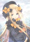 1girl :d abigail_williams_(fate/grand_order) bangs black_bow black_dress black_headwear blonde_hair blue_eyes blue_sky bow cloud cloudy_sky commentary_request day dress dutch_angle eyebrows_visible_through_hair fate/grand_order fate_(series) forehead hair_bow hat horizon kawaku long_hair long_sleeves looking_away looking_down object_hug ocean open_mouth orange_bow outdoors parted_bangs polka_dot polka_dot_bow sky sleeves_past_fingers sleeves_past_wrists smile solo stuffed_animal stuffed_toy teddy_bear upper_body very_long_hair water 