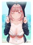  1girl animal_ears animal_hood beach bikini black_jacket breasts cleavage closed_mouth collarbone cropped_torso danganronpa fake_animal_ears front-tie_bikini front-tie_top hair_ornament halter_top halterneck hands_up highres hood hooded_jacket jacket large_breasts long_sleeves looking_at_viewer mery_(apfl0515) nanami_chiaki navel one_eye_closed open_clothes open_jacket pink_eyes pink_hair short_hair signature solo super_danganronpa_2 swimsuit white_bikini 