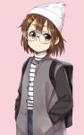  1girl alternate_costume backpack bag bespectacled brown_eyes brown_hair commentary_request cowboy_shot glasses grey_coat hair_ornament hairclip hirasawa_yui k-on! looking_at_viewer masamuuu pink_background shirt short_hair simple_background smile solo standing striped striped_shirt white_headwear 