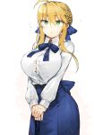  1girl :&lt; ahoge artoria_pendragon_(all) artoria_pendragon_(lancer) bangs blonde_hair blue_bow blue_neckwear blue_ribbon blue_skirt blush bow braid breasts collared_blouse commentary_request cosplay excalibur eyebrows_visible_through_hair fate/grand_order fate/stay_night fate_(series) flying_sweatdrops green_eyes hair_between_eyes hair_bun hair_ribbon hand_on_hilt highres holding holding_sword holding_weapon kasuka_(kusuki) large_breasts long_sleeves neck_ribbon planted_sword planted_weapon ribbon saber saber_(cosplay) shirt sidelocks skirt solo sweatdrop sword weapon white_background white_shirt 