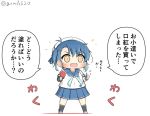  1girl arm_warmers black_legwear blue_hair blue_neckwear blue_ribbon blue_sailor_collar blue_skirt brown_eyes chibi commentary_request fukae_(kantai_collection) full_body gloves goma_(yoku_yatta_hou_jane) gradient_hair hand_mirror hat kantai_collection kneehighs lipstick makeup mirror multicolored_hair neckerchief open_mouth pleated_skirt ribbon sailor_collar sailor_hat school_uniform serafuku short_hair short_sleeves side_ponytail sidelocks simple_background skirt solo standing translation_request twitter_username white_background white_gloves white_headwear 