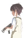  1girl bangs boko_(maniacpurple) brown_hair collared_shirt commentary_request from_side gun highres holding holding_gun holding_weapon open_mouth profile school_uniform shirt short_hair short_sleeves simple_background solo standing submachine_gun sweater_vest tokurei_sochi_dantai_stella_jogakuin_c3_bu upper_body weapon white_background white_shirt yamato_yura 