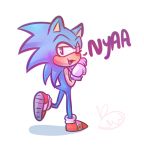  anthro beek blue_fur clothing cute_fangs dialogue eulipotyphlan footwear fur gloves handwear hedgehog looking_at_viewer male mammal open_mouth shoes simple_background solo sonic_(series) sonic_the_hedgehog walking white_background 