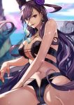  1girl 55level bangs bare_arms bare_shoulders beach bikini black_bikini black_hair breasts cleavage closed_mouth collarbone day double_bun dress earrings eyebrows_visible_through_hair fate/grand_order fate_(series) fingernails glint groin hair_between_eyes hair_ornament highres jewelry large_breasts long_hair looking_at_viewer mouth_hold murasaki_shikibu_(fate) navel ocean open_fly outdoors purple_eyes sidelocks sitting smile solo stomach strapless strapless_bikini sunglasses sweat swimsuit tiles tree two_side_up very_long_hair zipper 