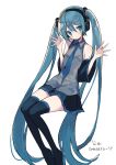  1girl bangs black_footwear black_legwear black_skirt black_sleeves blue_eyes blue_hair blue_neckwear blush boots closed_mouth collared_shirt detached_sleeves eyebrows_visible_through_hair grey_shirt hair_between_eyes hair_ornament hands_up hatsune_miku headphones long_hair long_sleeves mimelond necktie pleated_skirt romaji_text shirt sidelocks simple_background skirt sleeveless sleeveless_shirt smile solo thigh_boots thighhighs tie_clip twintails very_long_hair vocaloid white_background wide_sleeves 