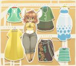  abstract_background ahoge anthro bottomwear brown_eyes brown_fur cervid clothed clothing dress female fur hair hands_behind_back hooves jacket kemono mammal midriff multicolored_fur multiple_outfits open_mouth pants red_hair shirt skirt smile solo sweater_vest topwear two_tone_fur utsuki_maito vest white_fur wide_hips 
