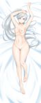  1girl absurdres alfred_cullado arms_up ass_visible_through_thighs bangs banned_artist barefoot bed_sheet blue_eyes breasts collarbone dakimakura feet from_above high_ponytail highres incredibly_absurdres long_hair looking_at_viewer lying nipples nude on_back on_bed paid_reward patreon_reward pussy rwby scar scar_across_eye shiny shiny_hair side_ponytail silver_hair small_breasts smile solo swept_bangs thigh_gap very_long_hair weiss_schnee 