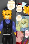  animatronic anthro blonde_hair bow_tie cellphone clothing comic discordmelody female five_nights_at_freddy&#039;s freckles fur golden_freddy_(fnaf) hair hat headgear headwear invalid_tag jasmine_ivory lips machine male mammal night_4 phone red_hair robot rodent sciurid smile smirk top_hat ursid video_games yellow_fur 