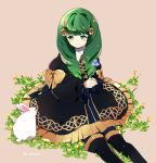  1girl bow bunny closed_mouth fire_emblem fire_emblem:_three_houses flayn_(fire_emblem) flower green_eyes green_hair guttary hair_ornament holding holding_flower long_hair long_sleeves sitting smile solo uniform 