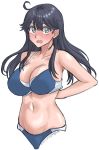  :o absurdres ahoge alternate_costume arms_behind_back bare_shoulders bikini black_hair blue_bikini blush breasts cleavage commentary_request dated highres kantai_collection long_hair looking_at_viewer midriff navel simple_background sozan swimsuit twitter_username ushio_(kantai_collection) white_background 