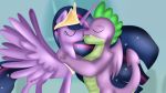  16:9 anthro collar crown cutie_mark dragon duo equid eyes_closed feathered_wings feathers feral friendship_is_magic hair horn interspecies jbond kissing mammal multicolored_hair my_little_pony simple_background spade_tail spike_(mlp) twilight_sparkle_(mlp) winged_unicorn wings 