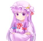  1girl :t bangs blue_bow blunt_bangs bow bowtie collar commentary_request crescent crescent_moon_pin crossed_arms eyebrows_visible_through_hair hair_bow hat hat_ribbon highres long_hair looking_at_viewer mob_cap patchouli_knowledge pout purple_eyes purple_hair red_bow red_neckwear red_ribbon ribbon simple_background solo touhou upper_body very_long_hair white_background yukina_kurosaki 