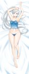  1girl absurdres alfred_cullado armpits arms_up ass bangs banned_artist barefoot bed_sheet blue_eyes blue_panties blush breasts cleavage collarbone dakimakura feet from_above groin high_ponytail highres incredibly_absurdres long_hair looking_at_viewer lying midriff navel on_back on_bed paid_reward panties patreon_reward print_panties rwby scar scar_across_eye silver_hair sleeves smile solo stomach swept_bangs thigh_gap underwear underwear_only very_long_hair weiss_schnee 