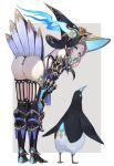  animal armor ass bare_shoulders beak beige_background bird blue_eyes brown_hair gauntlets greaves h@ruichi hat leaning leaning_forward looking_back penguin short_hair standing two-tone_background white_background witch witch_hat 