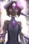  1girl backlighting bare_shoulders blurry commentary_request detached_sleeves disdain forehead_jewel frown glowing glowing_eyes highres horns kohinata_miku ley_ns looking_at_viewer multiple_horns possessed purple_eyes senki_zesshou_symphogear senki_zesshou_symphogear_xv shem-ha short_hair solo spoilers upper_body 