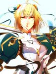  1girl absurdres ahoge artoria_pendragon_(all) bangs blonde_hair blue_ribbon bodysuit breasts excalibur eyelashes fate/grand_order fate_(series) hair_between_eyes hair_ribbon highres holding holding_sword holding_weapon lips looking_at_viewer medium_breasts neon_genesis_evangelion over_shoulder parody parted_lips pilot_suit plugsuit ribbon saber short_hair sidelocks simple_background solo subaru sword sword_over_shoulder vinne weapon weapon_over_shoulder yellow_eyes 