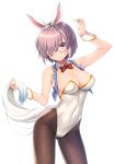  1girl :o animal_ears arm_up bare_shoulders blue_vest bow bowtie breasts brown_legwear bunny_girl bunnysuit cleavage commentary_request contrapposto cosplay covered_navel cowboy_shot detached_collar eyebrows_visible_through_hair eyes_visible_through_hair fate/grand_order fate_(series) fou_(fate/grand_order) fou_(fate/grand_order)_(cosplay) glasses hair_over_one_eye head_tilt highleg highleg_leotard highres large_breasts leotard looking_at_viewer mash_kyrielight nullken pantyhose pink_eyes pink_hair red_bow red_neckwear shiny shiny_clothes shiny_hair short_hair simple_background solo standing strapless strapless_leotard tail vest white_background white_leotard wrist_cuffs 