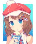  1girl bangs bare_shoulders blue_eyes brown_hair cabbie_hat cherry closed_mouth collared_dress commentary_request cup dress drinking_straw eyebrows_visible_through_hair flower food fruit hair_flower hair_ornament hairclip hat highres holding holding_cup ice ice_cream ice_cream_float ice_cube idolmaster idolmaster_million_live! idolmaster_million_live!_theater_days looking_at_viewer poyo_(shwjdddms249) red_dress red_headwear sleeveless sleeveless_dress solo star star_hair_ornament suou_momoko upper_body x_hair_ornament 