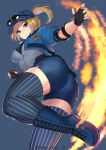  1girl baseball_cap belt blonde_hair blue_eyes blue_legwear blush boots breasts eyewear_on_head final_fight final_fight_tough fingerless_gloves fire flame gloves grey_background hat highres kagematsuri large_breasts looking_at_viewer lucia_morgan medium_breasts police police_badge police_uniform policewoman ponytail short_hair short_shorts shorts simple_background smile solo street_fighter street_fighter_v striped striped_legwear sunglasses thighhighs twitter_username uniform 