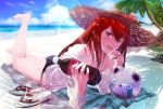  1girl ass barefoot beach bikini black_bikini blue_eyes blue_sky blurry blurry_background bottle cloud collarbone day dr_pepper eyebrows_visible_through_hair gotthelife hair_between_eyes highres holding holding_bottle leg_up lens_flare long_hair long_sleeves looking_at_viewer lying makise_kurisu ocean on_stomach open_mouth outdoors palm_tree red_hair shiny shiny_hair shirt sky solo steins;gate straight_hair sunlight swimsuit tree upa_(steins;gate) white_shirt 
