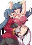  2girls armpits arms_up ass bangs belt black_belt black_bodysuit blue_hair blunt_bangs bodysuit bound bound_wrists bracer breasts dress dual_persona gloves gym_leader halter_top halterneck hands_on_another&#039;s_hips highres konno_tohiro large_breasts licking long_hair long_sleeves midriff multiple_girls natsume_(pokemon) navel open_mouth pants pantyhose pink_camisole pokemon pokemon_(game) pokemon_hgss pokemon_rgby red_dress red_eyes selfcest shirt_lift spaghetti_strap sweatdrop time_paradox tongue tongue_out very_long_hair whip white_background white_gloves white_pants 