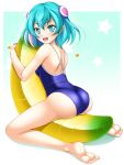  1girl :d bad_id banana_boat blue_eyes blue_hair blue_swimsuit blush breasts competition_school_swimsuit full_body hagoromo_lala hair_ornament highlights looking_at_viewer medium_breasts medium_hair multicolored_hair narutaki_shin open_mouth pointy_ears precure riding school_swimsuit shiny_swimsuit shoulder_blades smile soles solo star star-shaped_pupils star_twinkle_precure swimsuit symbol-shaped_pupils 