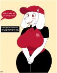  2019 anthro big_breasts big_legs bodily_fluids boss_monster bovid breasts caprine clothed clothing cute_fangs english_text eyebrows eyelashes female food hat headgear headwear hoodie_stalker horn mammal mature_female pizza pizza_thot red_eyes shirt simple_background smile solo standing sweat text topwear toriel undertale uniform unseen_character video_games 