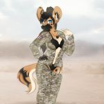  african_wild_dog camo camo_clothing camo_print canid canine clothing digital_media_(artwork) female hair hi_res looking_at_viewer mammal nebulabat pattern_clothing solo undressing 