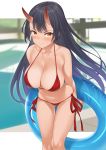  1girl 3: absurdres arms_behind_back ass_visible_through_thighs bare_shoulders bikini black_hair blurry blurry_background blush breasts cleavage closed_mouth collarbone depth_of_field frown halter_top halterneck highres innertube large_breasts long_hair looking_at_viewer navel oni_horns orange_eyes origamine_ouka original pool red_bikini side-tie_bikini sidelocks solo standing strap_gap sweatdrop swimsuit takunomi v-shaped_eyebrows very_long_hair 
