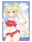  1girl absurdres bikini blonde_hair blue_eyes border carol_malus_dienheim cloud cloudy_sky commentary_request cowboy_shot day eyebrows_visible_through_hair freedom highres horizon looking_to_the_side navel ocean open_mouth outside_border ponytail reaching_out red_bikini senki_zesshou_symphogear sky standing swimsuit white_border 