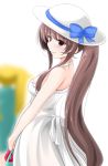  1girl alternate_costume bag blurry breasts brown_eyes brown_hair cowboy_shot depth_of_field dress gambier_bay_(kantai_collection) hat ichimi kantai_collection long_hair medium_breasts ponytail simple_background sleeveless sleeveless_dress solo spaghetti_strap sun_hat sundress white_background white_dress white_headwear yamato_(kantai_collection) 