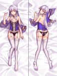  1girl absurdres alba ass breasts butt_crack cleavage corset dakimakura detached_sleeves fire_emblem fire_emblem:_three_houses garter_straps hair_ornament highres lace lace-trimmed_panties lingerie long_hair looking_at_viewer lying lysithea_von_ordelia on_back on_stomach panties silver_hair small_breasts solo thighhighs underwear white_legwear 