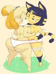  2019 angry animal_crossing ankha_(animal_crossing) anthro big_butt blonde_hair blue_hair blush breast_squish breasts breasts_frottage butt canid canine canis clenched_teeth clothed clothing cross-popping_vein domestic_cat domestic_dog duo egyptian felid feline felis female hair hi_res isabelle_(animal_crossing) mammal nintendo one_eye_closed panties purple_yoshi_draws shih_tzu short_hair short_stack squish striped_tail stripes teeth topless toy_dog underwear vein video_games wraps 