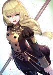  1girl blonde_hair fire_emblem fire_emblem:_three_houses green_eyes highres holding holding_weapon ingrid_brandol_galatea long_hair long_sleeves looking_to_the_side nakabayashi_zun open_mouth polearm simple_background solo uniform weapon 