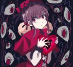  1girl :o bangs bell bow capelet crack eyebrows_visible_through_hair eyes hair_bell hair_ornament hands_up hat hat_bow heart holding jingle_bell kinohal95 laetitia_(lobotomy_corporation) lobotomy_corporation lolita_fashion long_hair long_sleeves open_mouth pink_capelet pink_headwear purple_hair sanpaku solo upper_body 