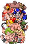  5boys 6+girls all_might antenna_hair arm_up aurochs_(kemono_friends) black_hair black_shirt blonde_hair bodysuit boku_no_hero_academia breasts broly camouflage_shirt chain character_request cleavage closed_eyes commentary copyright_request covered_eyes danberu_nan_kiro_moteru? dark_skin dragon_ball fangs fate/grand_order fate_(series) flexing green_eyes green_footwear green_hair grey_eyes grey_hair grin hair_slicked_back helmet highres horn horns hoshiguma_yuugi kemono_friends large_breasts legendary_super_saiyan leonidas_(fate/grand_order) long_hair looking_at_viewer machio_naruzou multiple_boys multiple_girls muscle oasis_(magnitude711) oni_horn open_mouth pink_hair pink_shorts pokemon pokemon_(game) pokemon_swsh pose red_hair saitou_(pokemon) sakura_hibiki_(danberu_nan_kiro_moteru?) scar shirt shirtless short_hair short_sleeves shorts sleeveless smile spiked_hair super_saiyan tank_top tattoo teeth thick_eyebrows touhou twintails white_shirt 