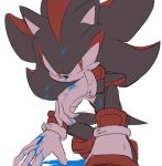  anthro black_fur blood blue_blood bodily_fluids bracelet clothing eulipotyphlan footwear fur gloves handwear hedgehog jewelry kneeling male mammal red_eyes red_fur shadow_the_hedgehog shoes sikai simple_background solo sonic_(series) white_background wounded 
